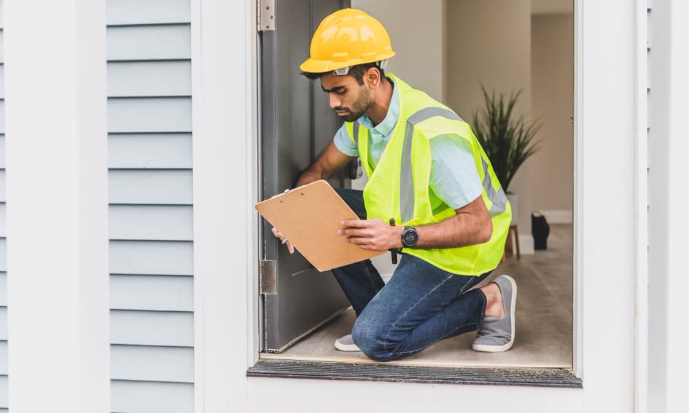 A home inspector in a safety vest examining a doorway with a checklist