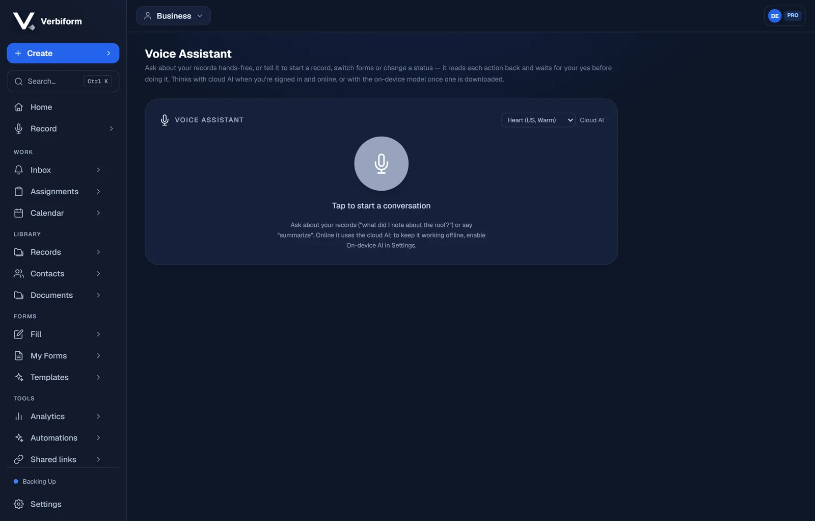 The Verbiform Voice Assistant: tap to start a conversation and ask about your records.