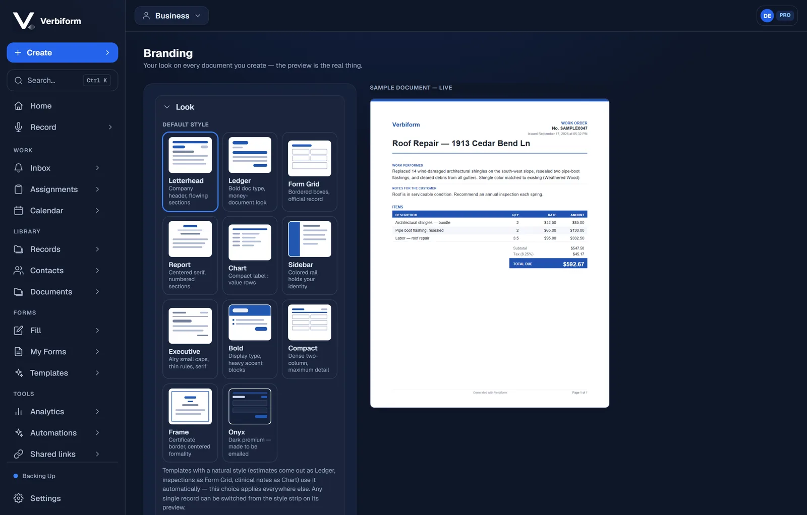 The Verbiform branding screen: a grid of 11 document styles beside a live sample document.