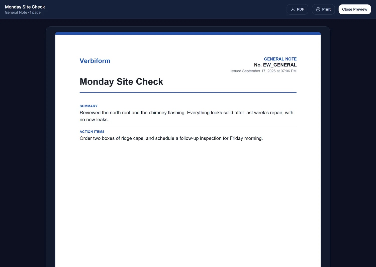 A finished Verbiform document rendered from a recording: a branded letterhead with the title, summary, and action items, plus PDF and Print buttons.