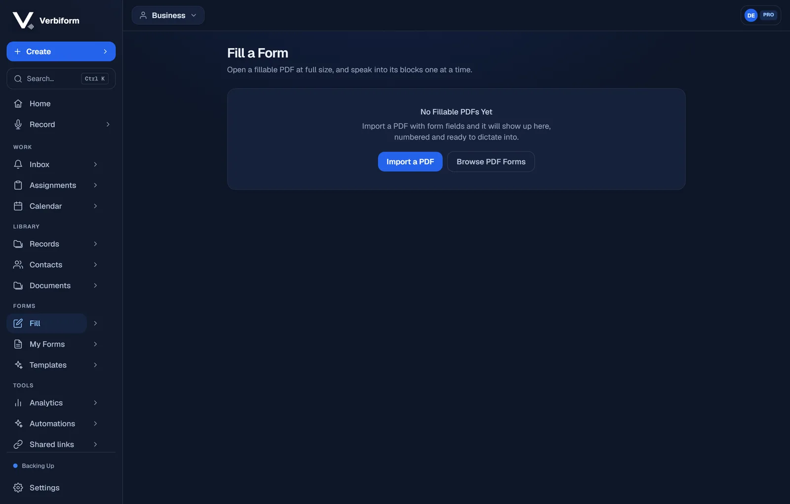 The Fill a Form screen with options to Import a PDF or Browse PDF Forms.
