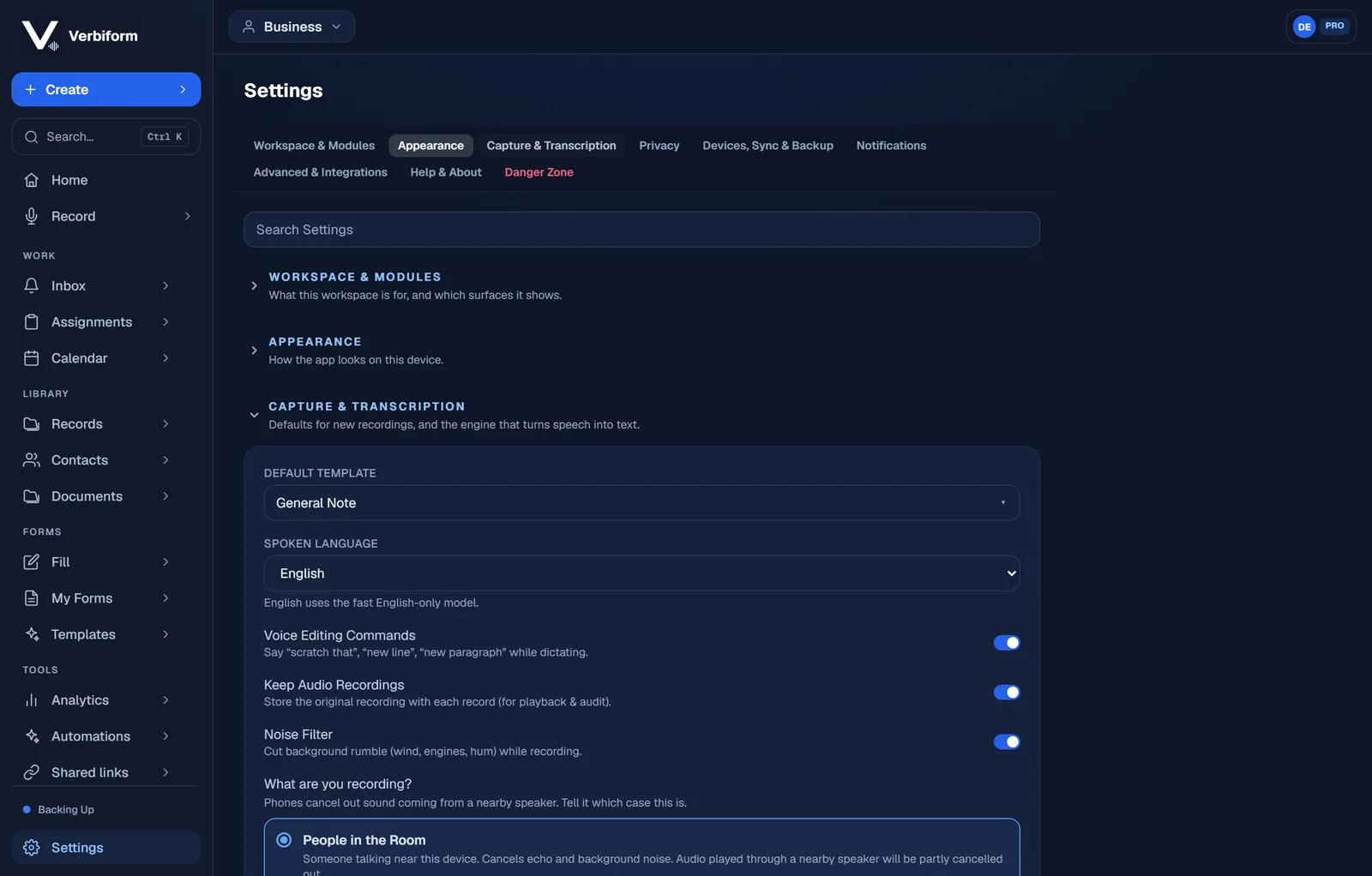 Capture & Transcription settings with a Spoken Language selector and recording defaults.