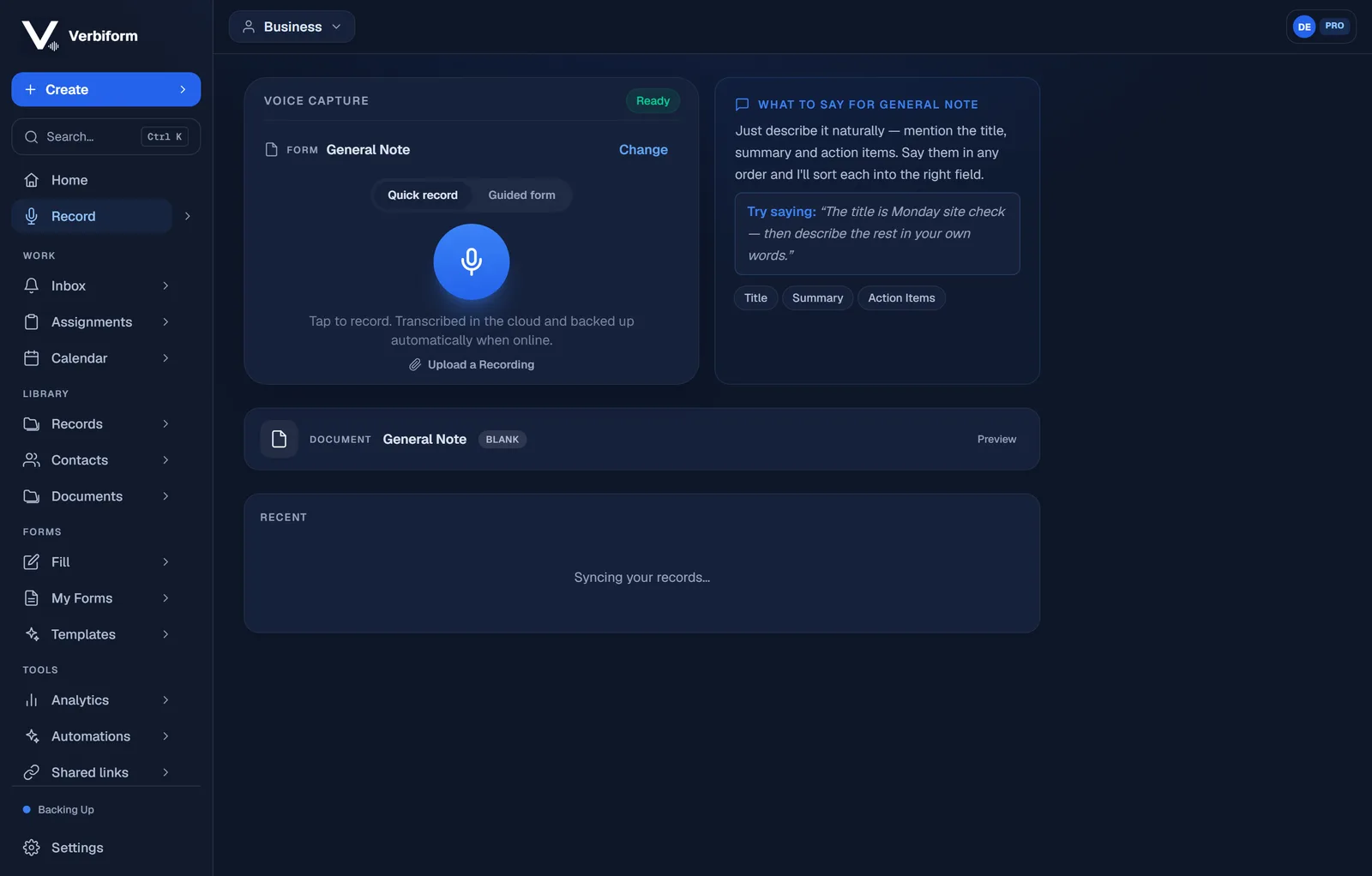 The Verbiform Record screen: a template is selected and a large microphone button is ready to capture.