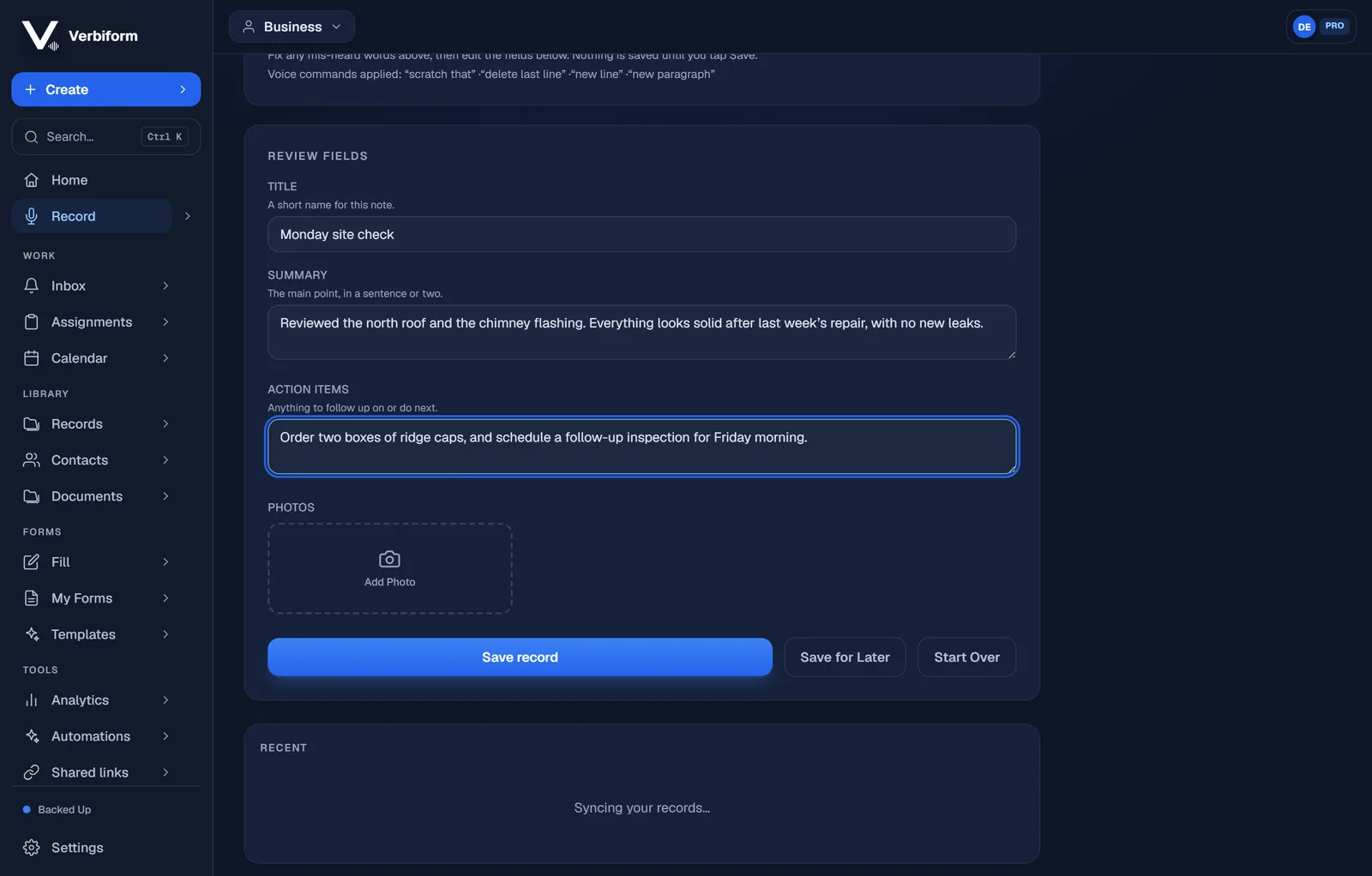 The review screen: Title, Summary, and Action Items filled from the recording, with Save record, Save for Later, and Start Over buttons.