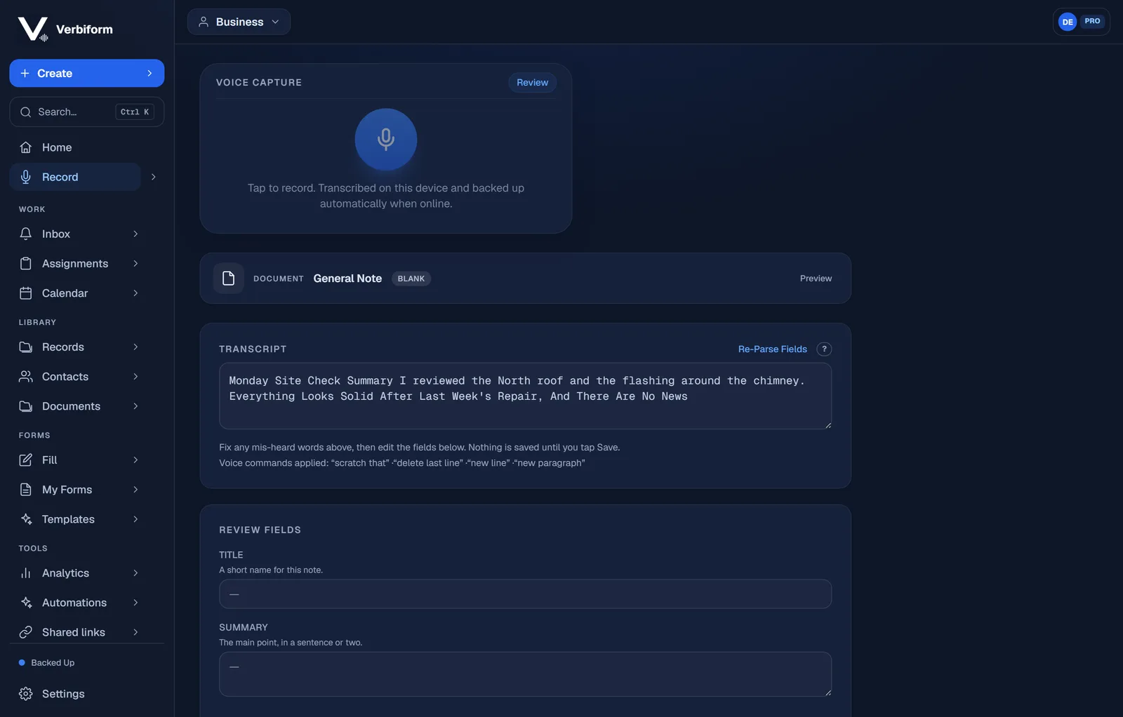 The review screen showing the editable transcript with a note to fix mis-heard words before editing the fields.