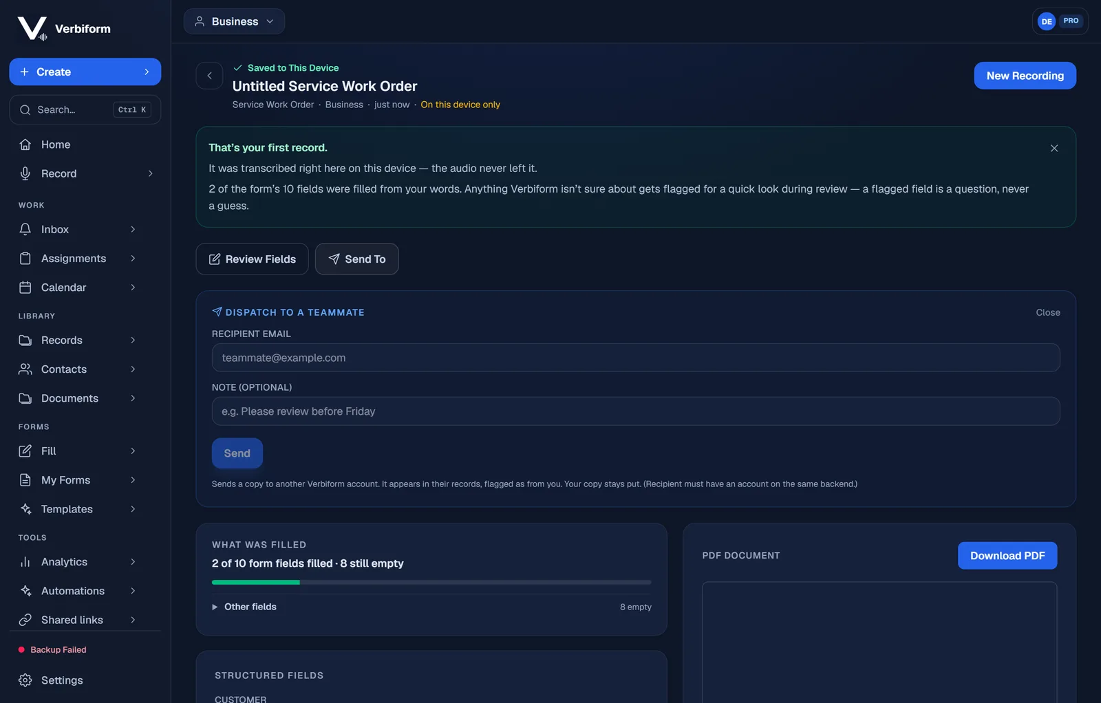 The Send To panel on a record: dispatch to a teammate by email with an optional note.