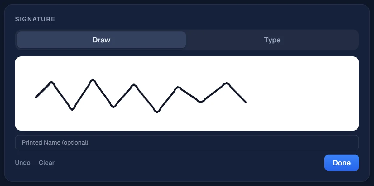 The signature panel on a record: Draw or Type tabs, a signed pad, an optional printed name, and Done.