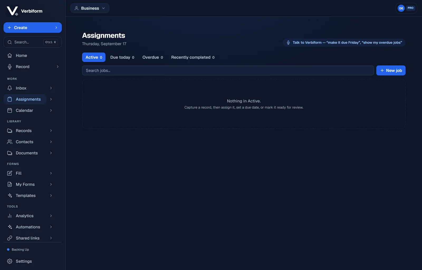 The Assignments view with Active, Due today, Overdue, and Recently completed tabs and a New job button.