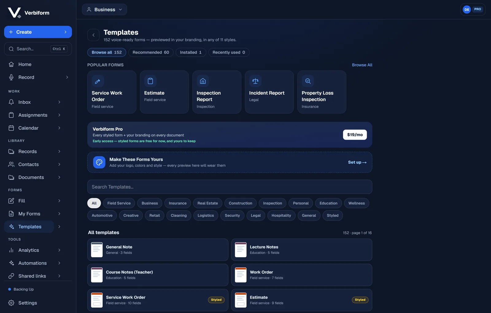 Verbiform template gallery showing more than 150 voice-ready forms grouped by category.