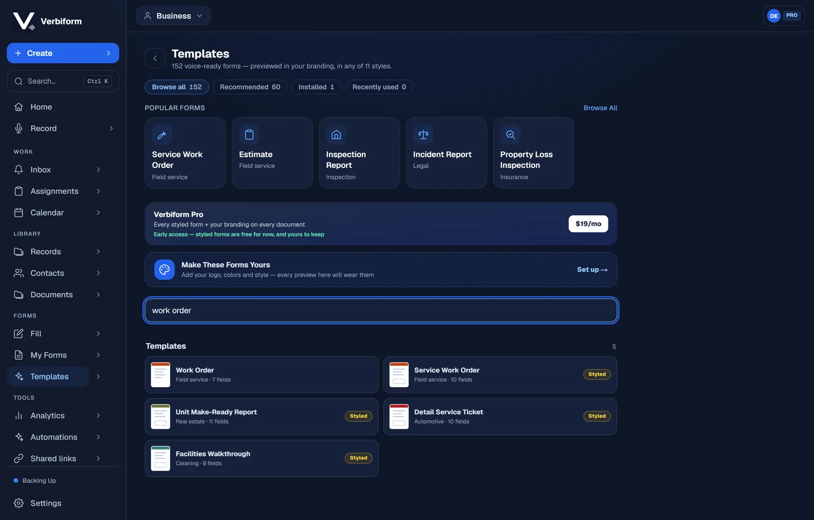 Template search filtered to work-order forms.