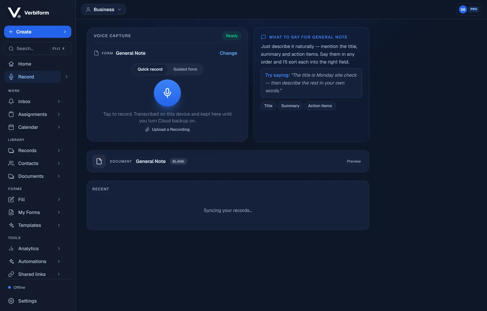 The Verbiform record screen while offline: the engine reads Ready, the mic is ready, and an Offline indicator shows in the sidebar.