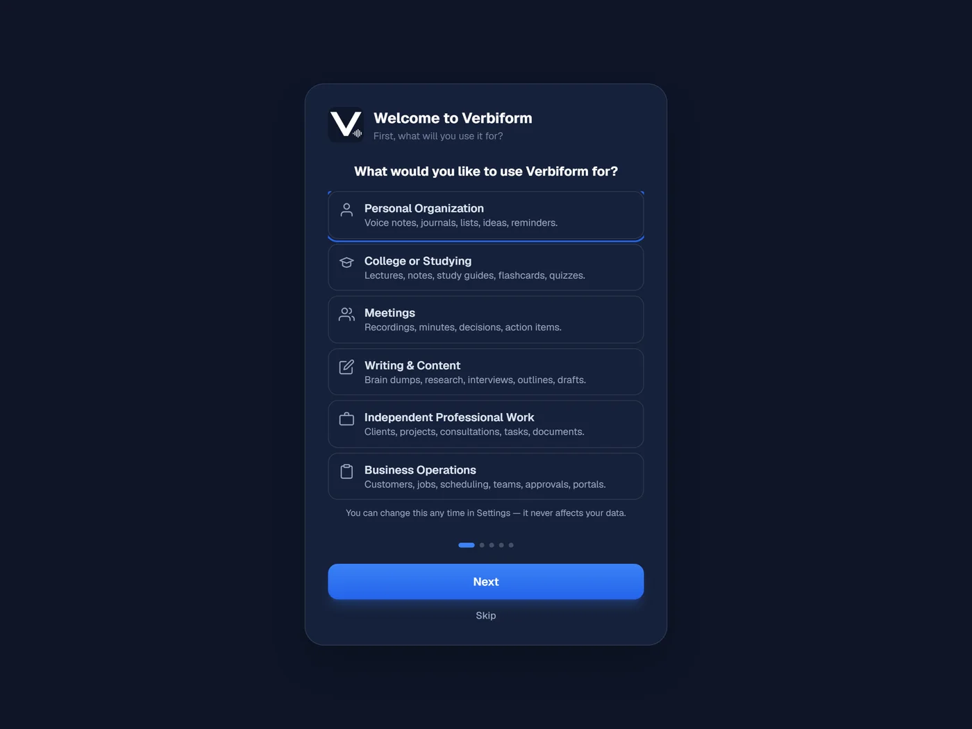 Verbiform's welcome screen asking what you will use it for, with six profiles: Personal Organization, College or Studying, Meetings, Writing and Content, Independent Professional Work, and Business Operations.
